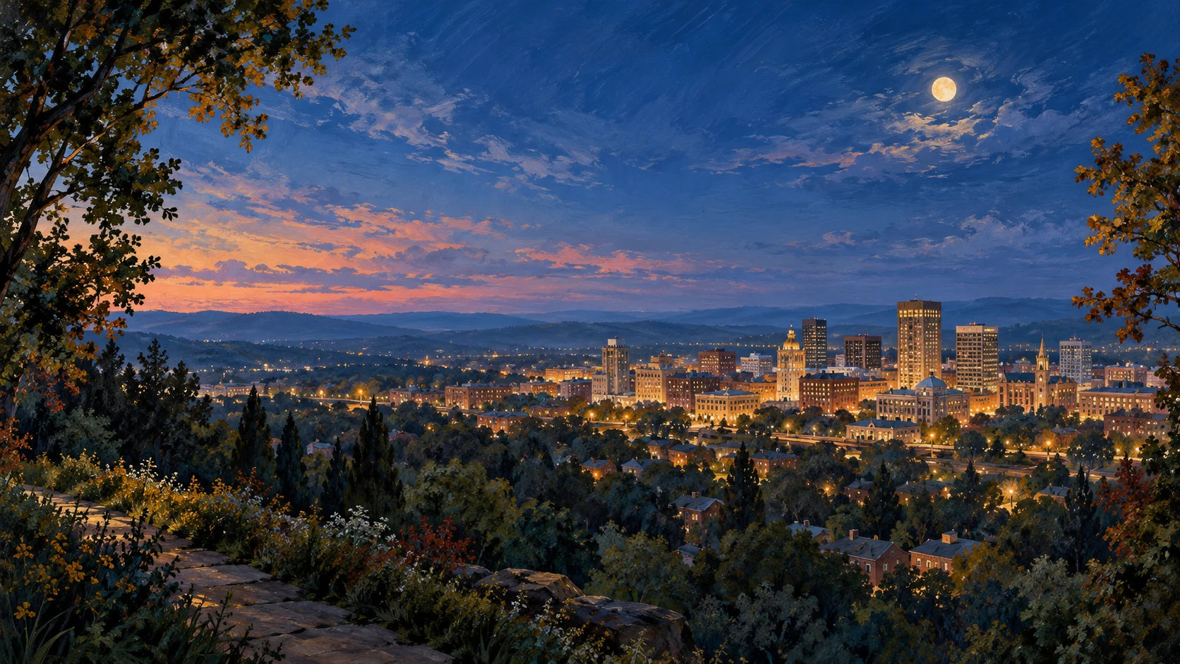 Painted Southern city at dusk, with glowing windows, wooded hills, and a moonlit sky