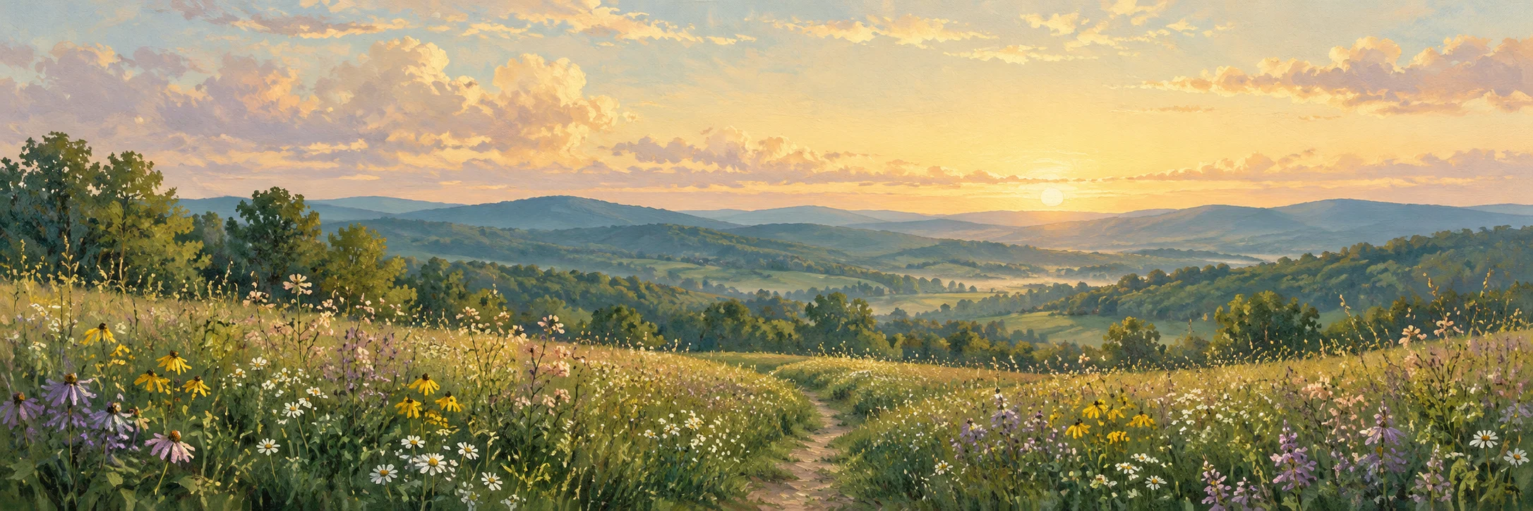 A painted path through a wildflower meadow toward rolling hills at dawn